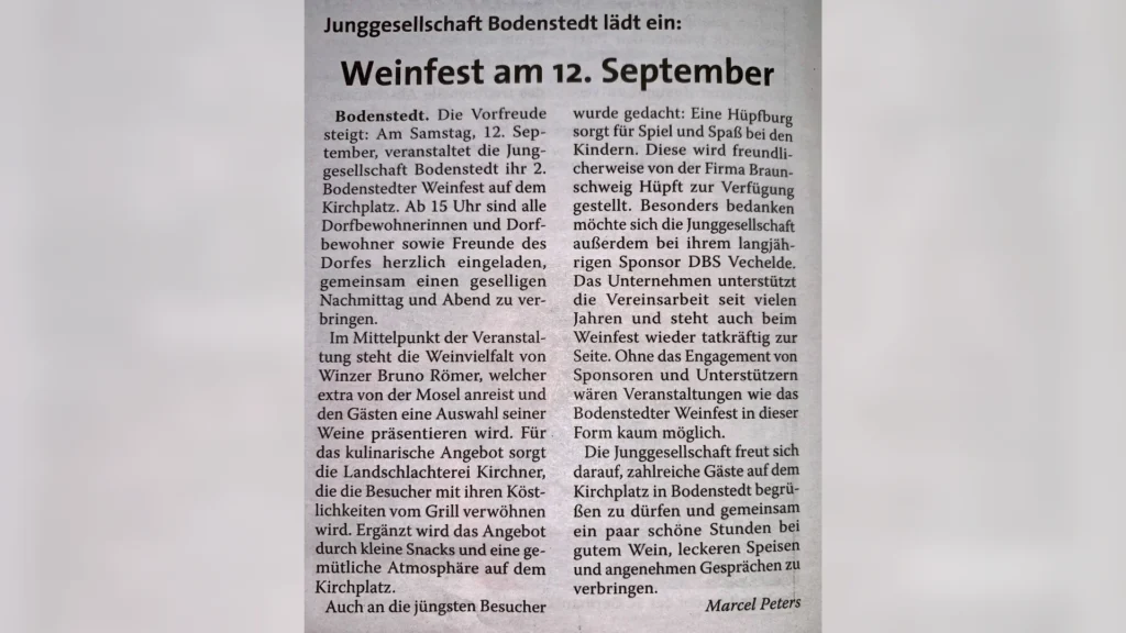 Zeitungsausschnitt zum Bodenstedter Weinfest 2026 mit Erwähnung von DBS Vechelde als langjährigem Sponsor