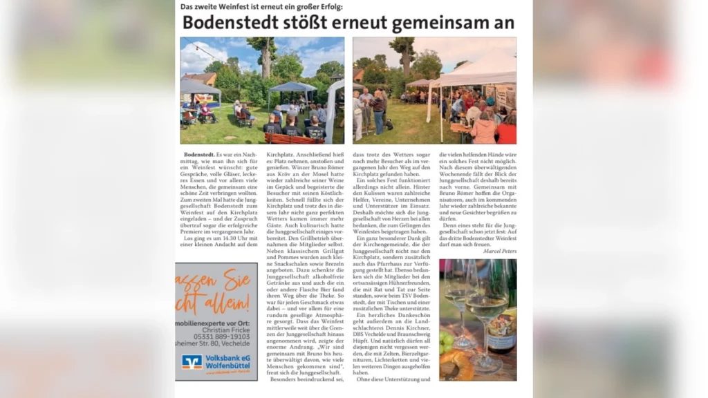 Zeitungsbericht „Bodenstedt stößt erneut gemeinsam an“ mit Fotos vom Bodenstedter Weinfest 2026 und Erwähnung von DBS Vechelde